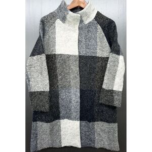 Max Studio Sweater‎ Women M Gray Plaid Wool Blend Long Cardigan Jacket Coat Cozy